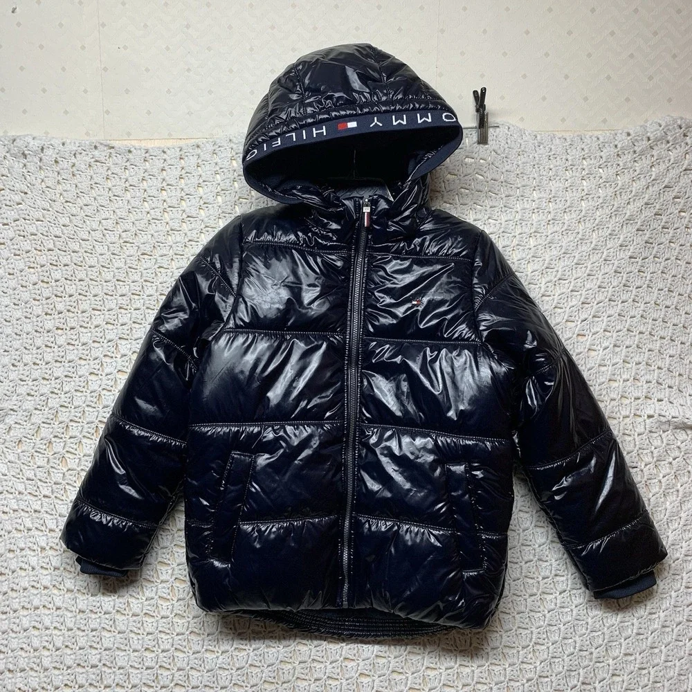 Tommy Hilfiger Puffer Coat Jacket Boys M (12/14) Black Hoodie Fleece Full‎ Zip